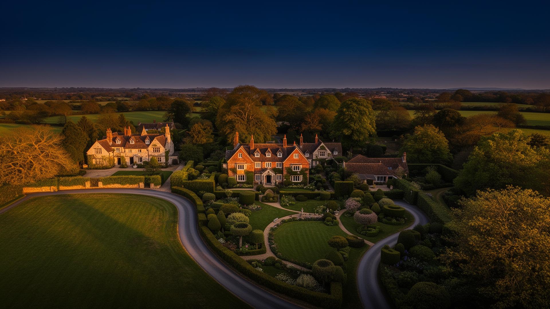 Aerial view of English countryside estates across Berkshire and Oxfordshire