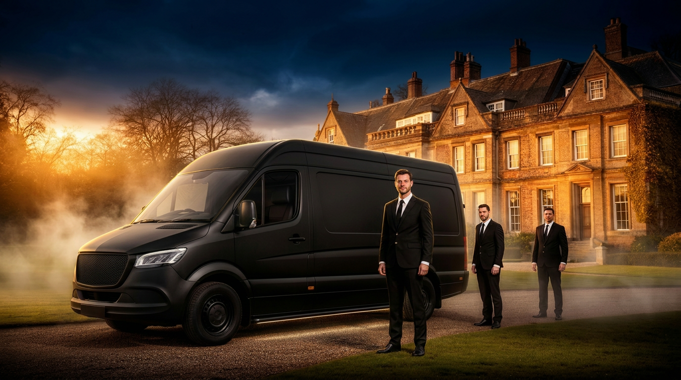 Luxury matte black removals van at a country manor at golden hour