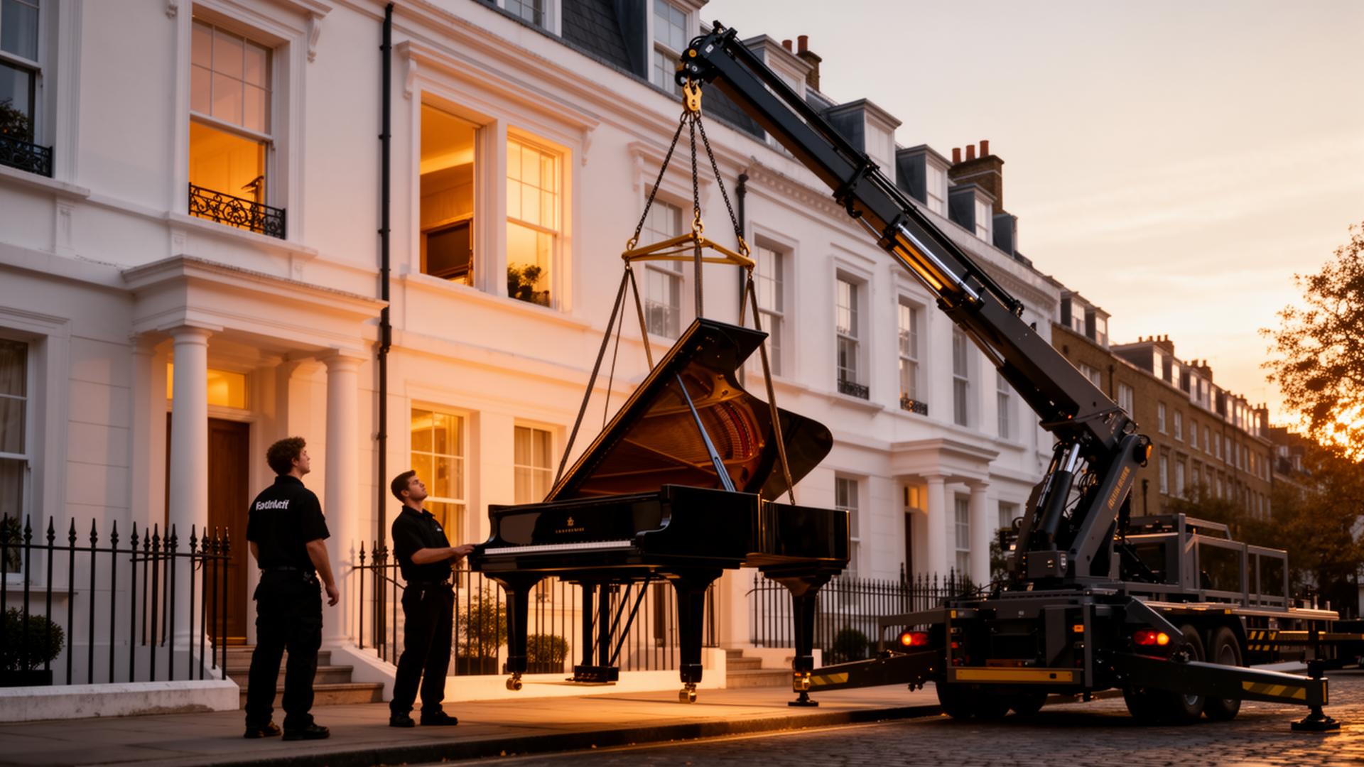 Grand piano hoisted by pianolift crane into a London Georgian townhouse